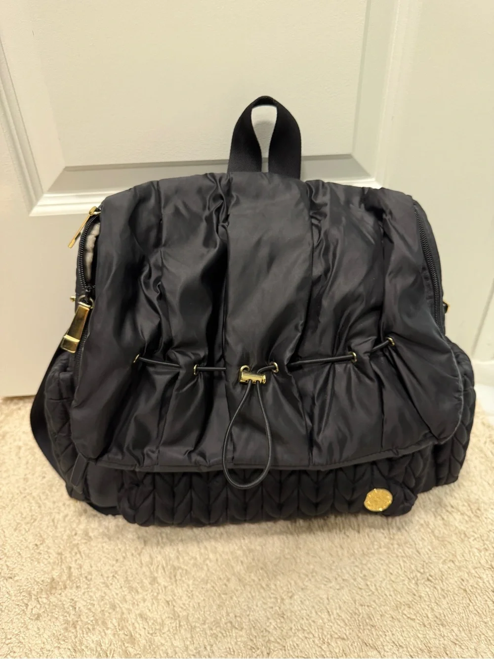 HAPP Levy Backpack - Black Quilted Puffer Backpack with Braided Panels